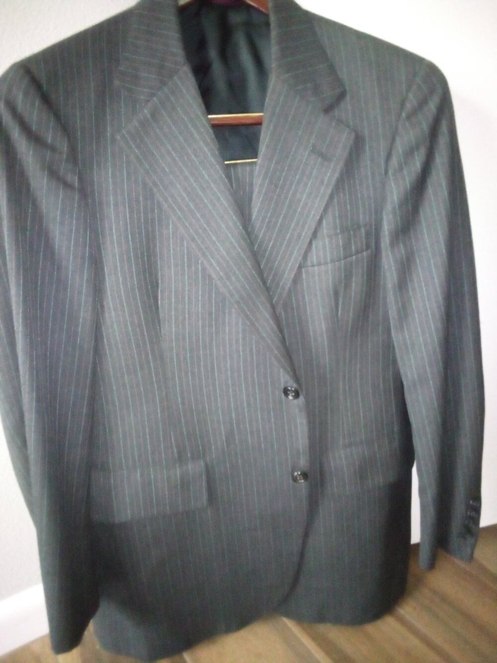 Hart Schaffner Marx Charcoal Wool Pinstripe Suit Jacket 46 L, Pants 36W 34L Exc